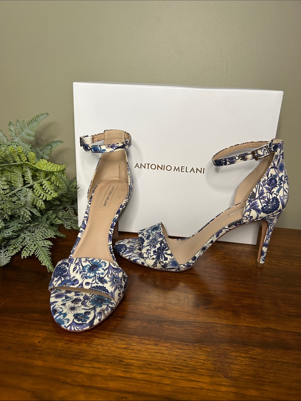 Blue and White Floral Ankle-Strap Heels *Like New* - Picture 6 of 6